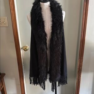 Black Faux Fur Trim Vest with Fringe